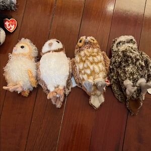 Ty Plush Owl Toy Set - White, Cream, Brown, and Gray